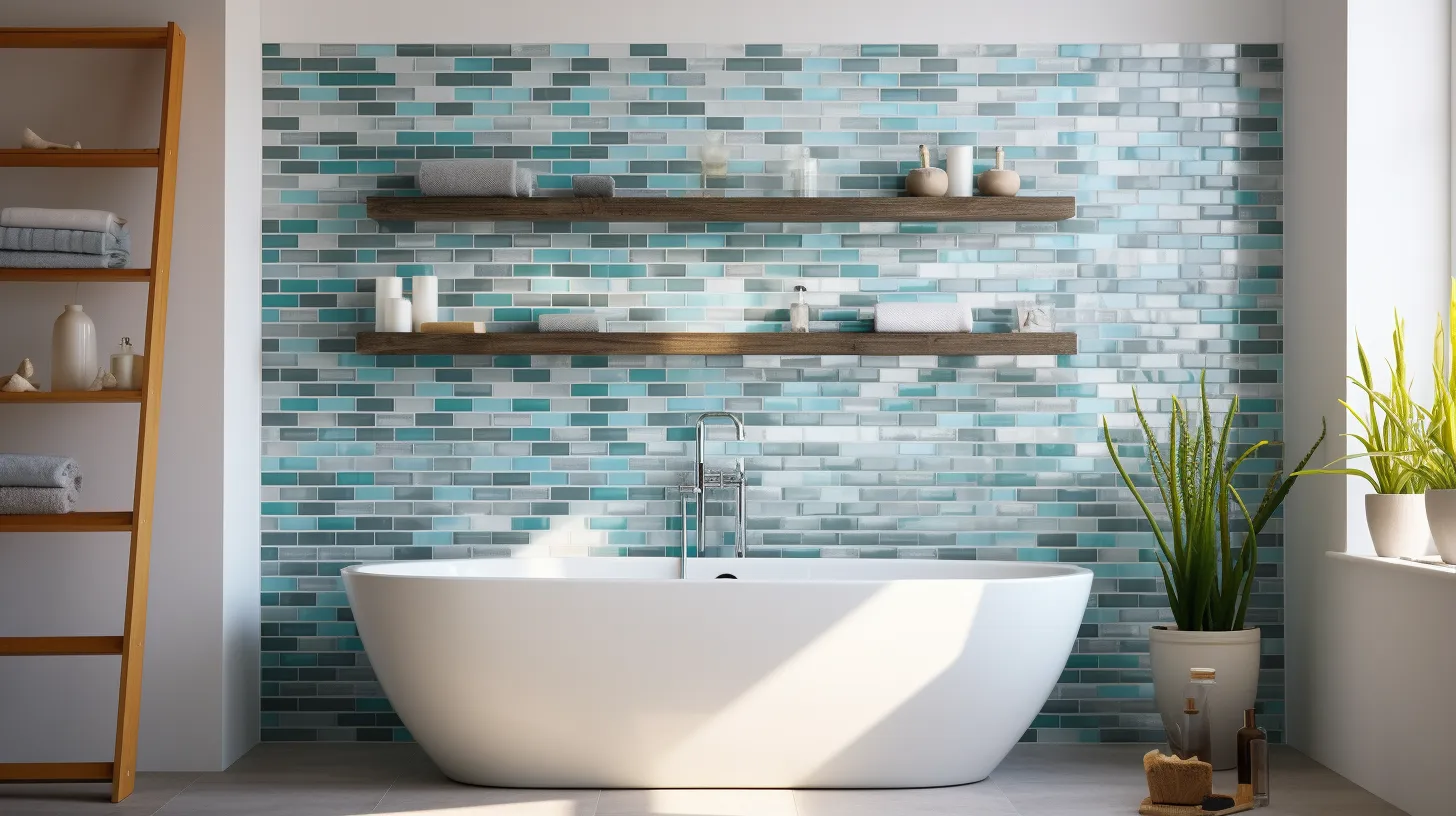 How to decorate a bathroom wall：A bathroom with tiled walls and a bathtub.