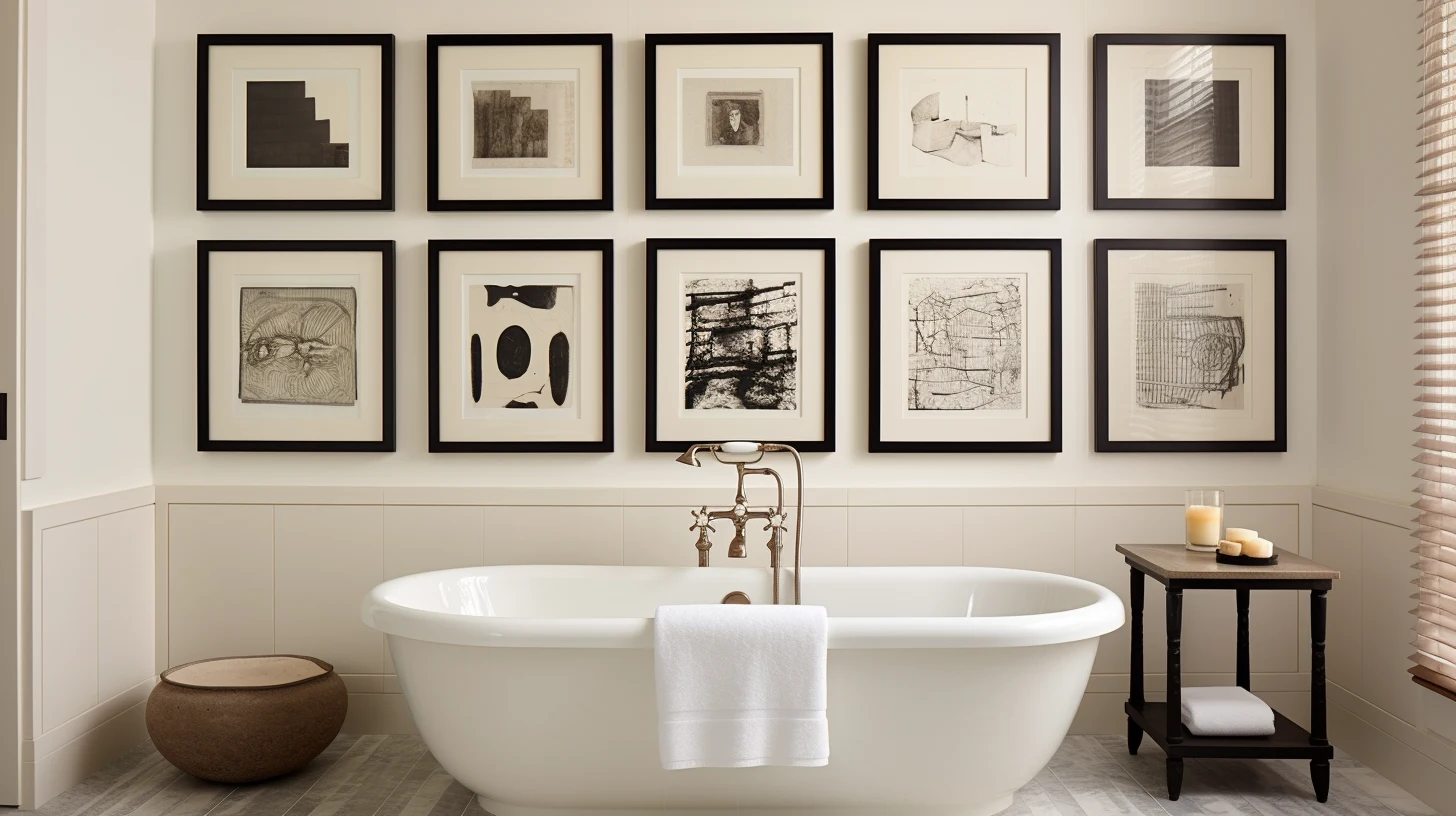 How to decorate a bathroom wall：A bathroom with several framed pictures on the wall.