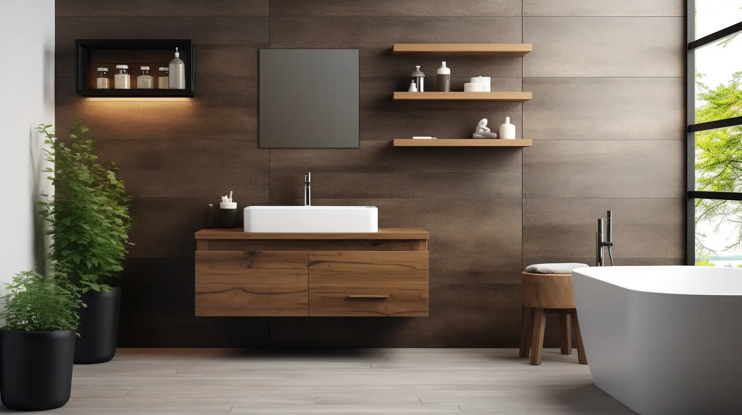 How to decorate a bathroom wall：A modern bathroom with wooden walls and a bathtub.
