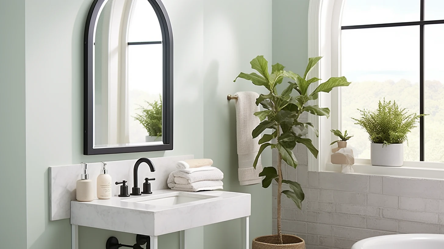 How to decorate a bathroom wall：A bathroom with green walls and a white sink.