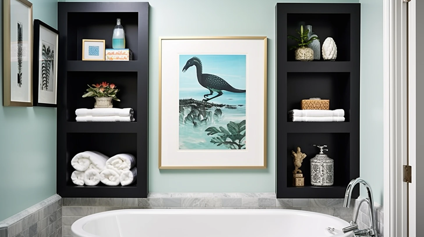 How to decorate a bathroom wall：A bathroom with black shelves and a bathtub.