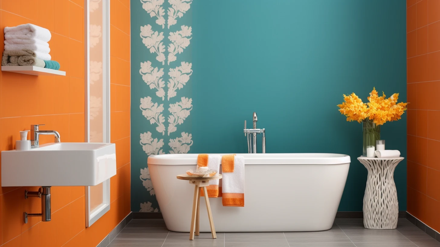 How to decorate a bathroom wall：A bathroom with orange walls and a white tub.