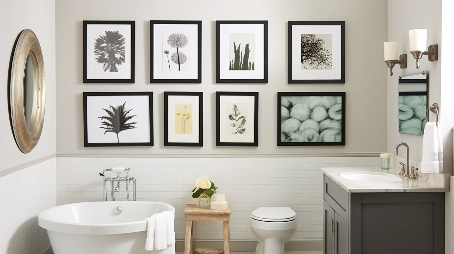 How to decorate a bathroom wall：A bathroom with framed pictures on the wall.