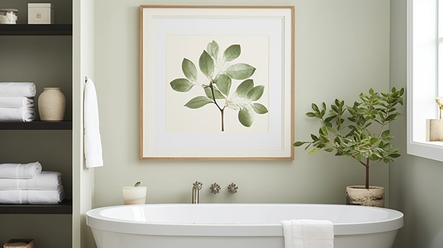 How to decorate a bathroom wall：A bathroom with a tub and a framed print.