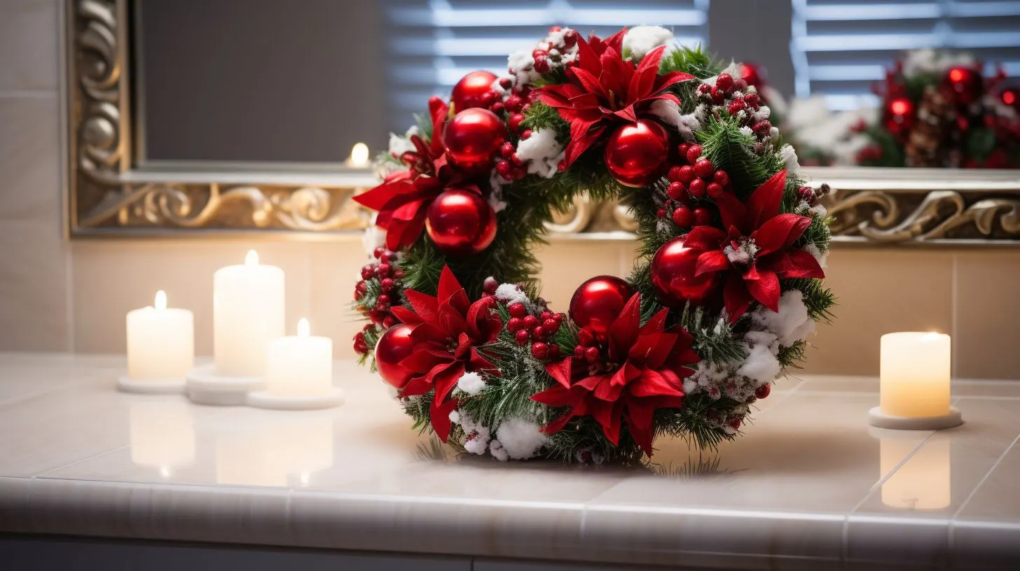 A christmas wreath sits on a counter in front of a mirror.