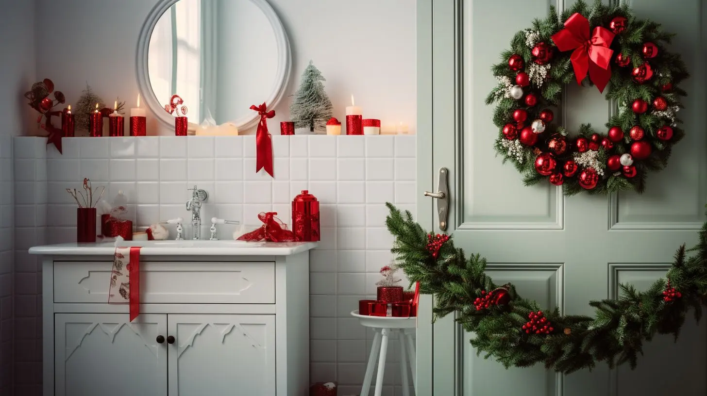 A bathroom with christmas decorations and a wreath.