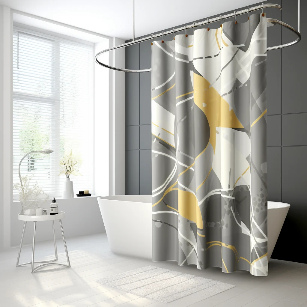 The white bathroom, featuring a bathtub with a grey and gold shower curtain