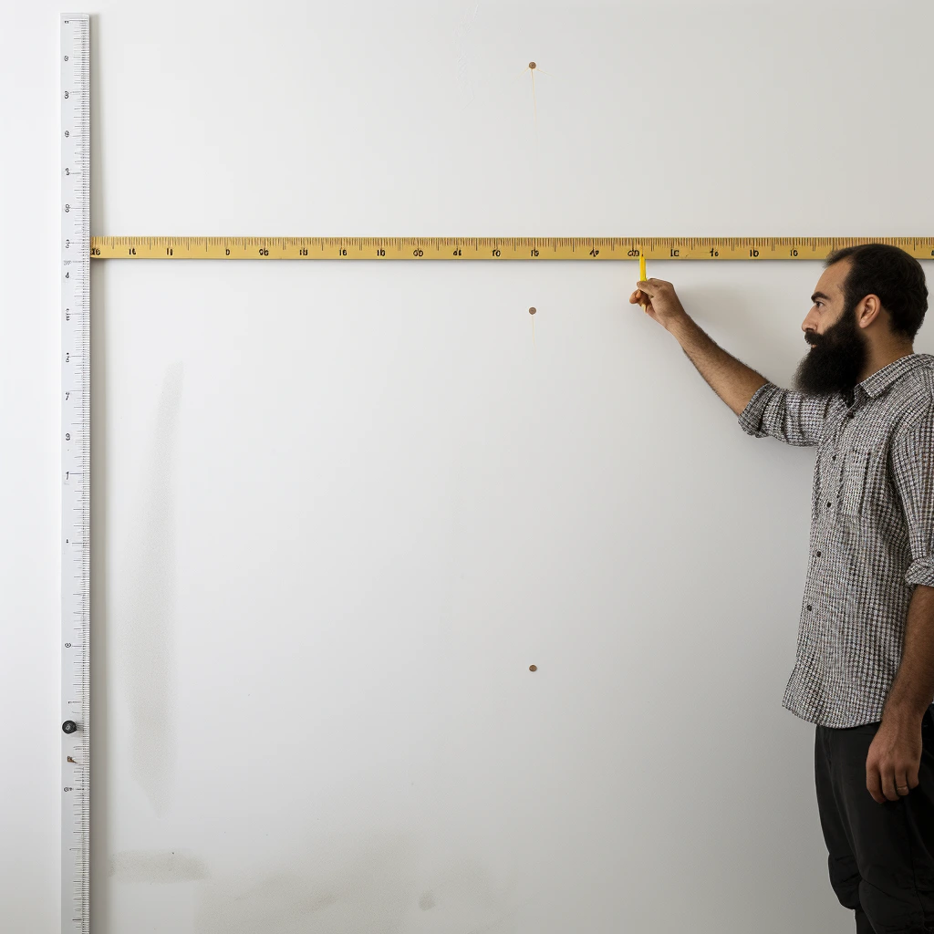 A man measuring a wall with a ruler and learning how to hang a shower curtain.
