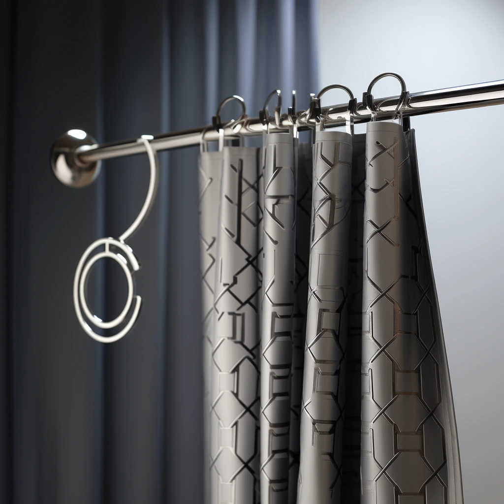 A curtain hangs on a rod with a pattern on it, demonstrating how to hang a shower curtain.