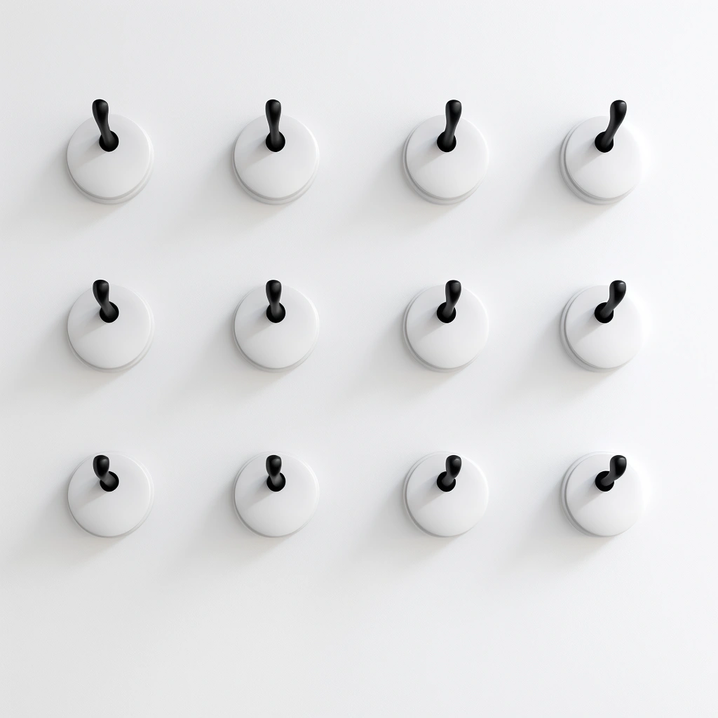 A row of black and white hooks on a white wall, perfect for hanging a shower curtain.