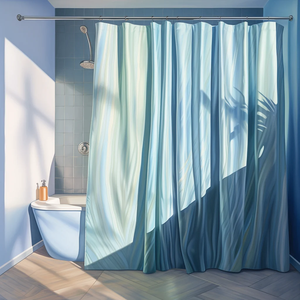 Learn how to hang a shower curtain with a blue design in your bathroom.
