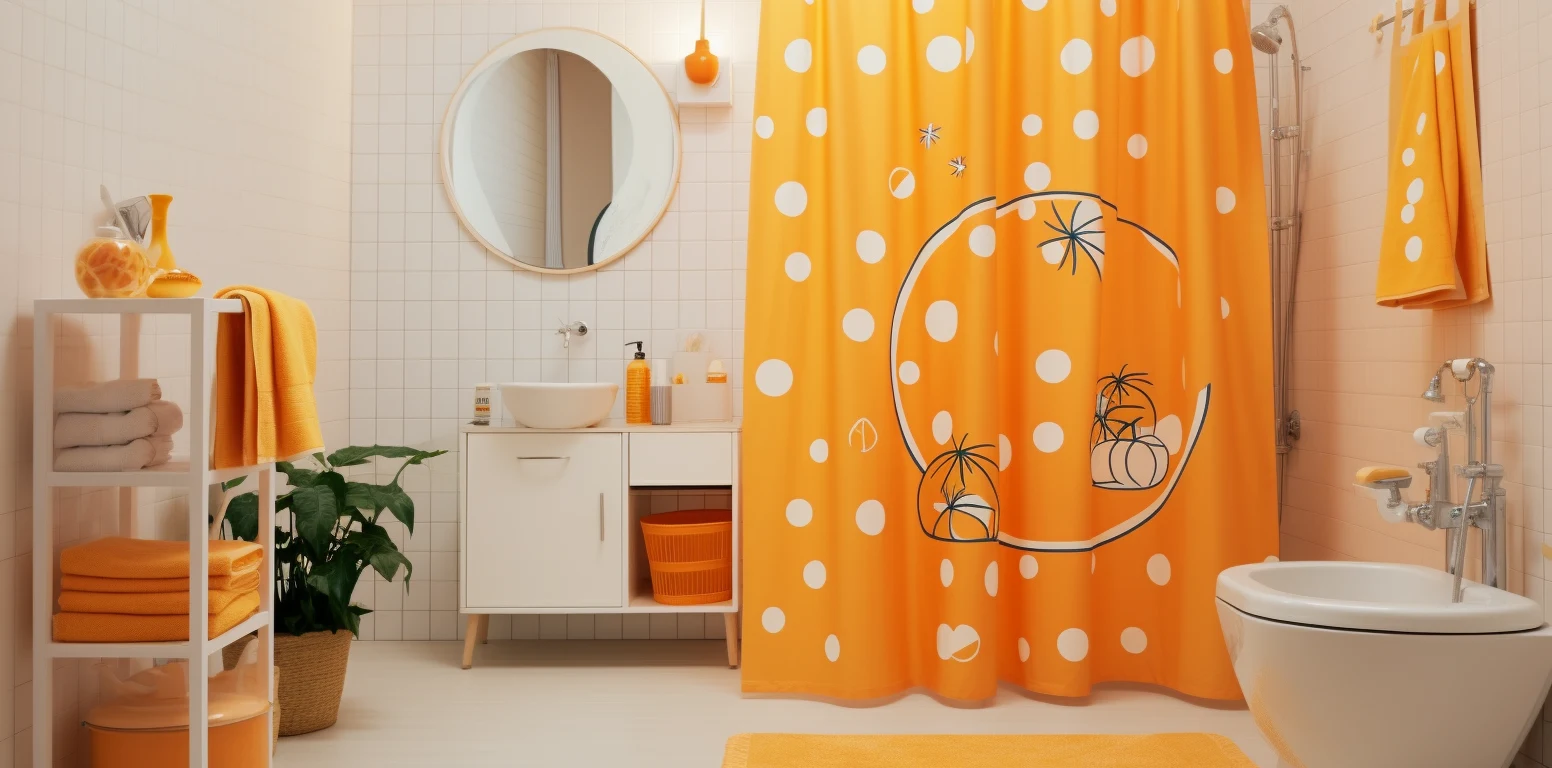 A bathroom with an orange shower curtain showcasing how to hang a shower curtain.