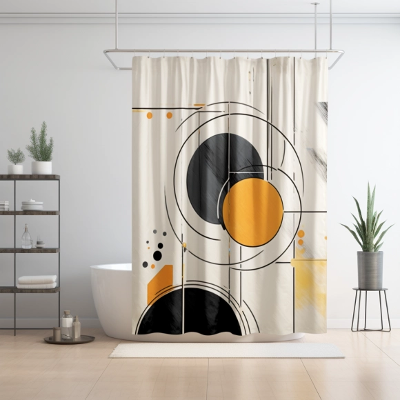 Learn how to keep your shower curtain clean in this stylish bathroom featuring a vibrant yellow and black shower curtain.