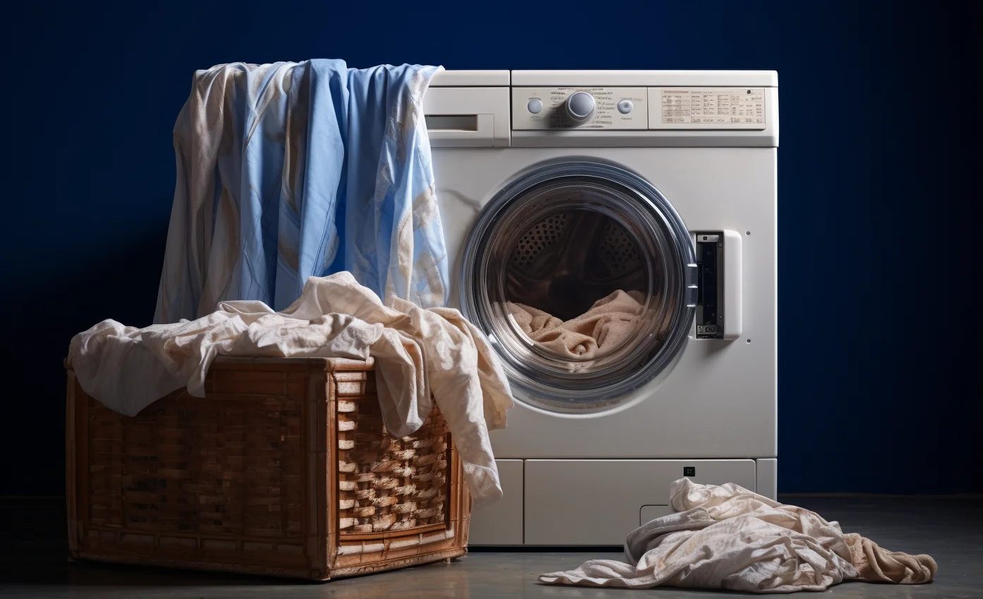 A washing machine and basket of clothes on a blue background, demonstrating how to keep a shower curtain clean.