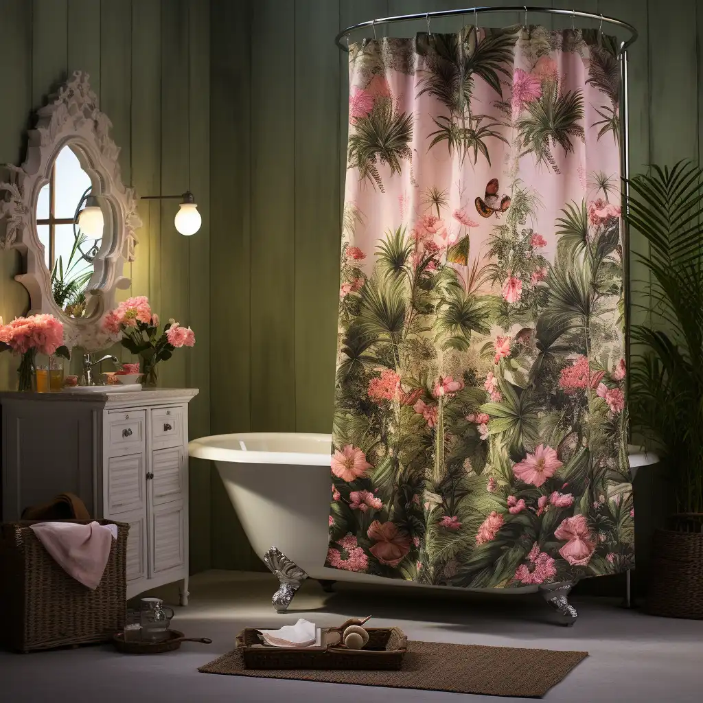 A bathroom with a pink shower curtain and tips on how to keep it clean.