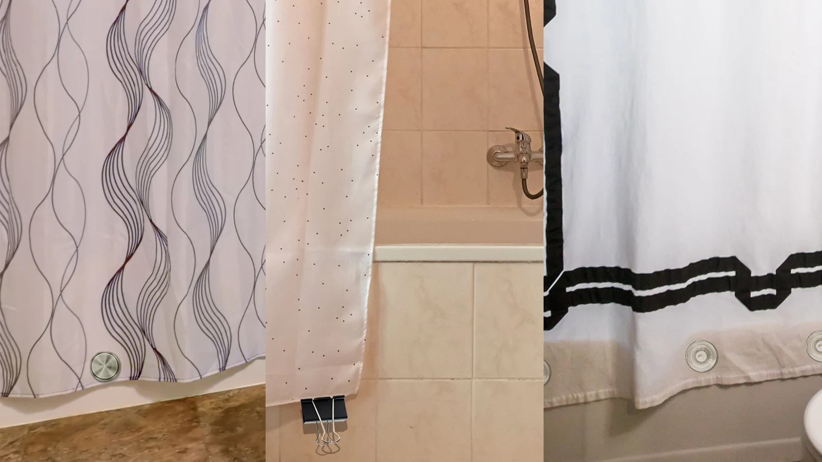 A bathroom with a shower curtain and a toilet, including tips on how to keep the shower curtain closed.