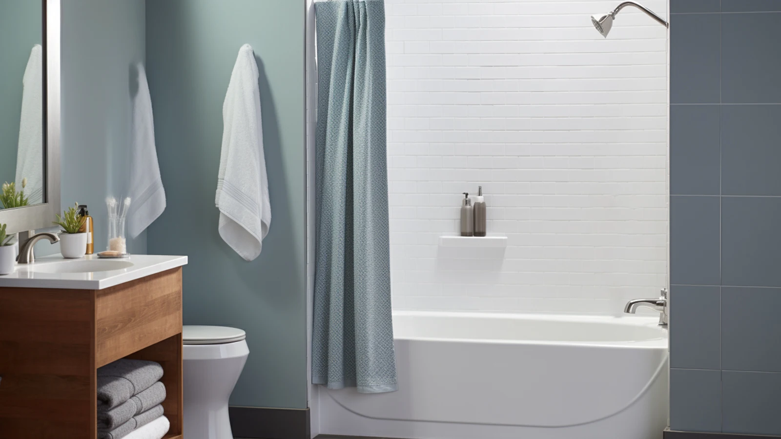 how to keep shower curtain closed? A bathroom with a bathtub, sink, and toilet.