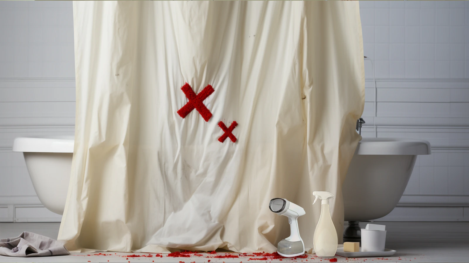 A white shower curtain with a red cross on it, with tips on how to remove wrinkles from shower curtain without ironing.