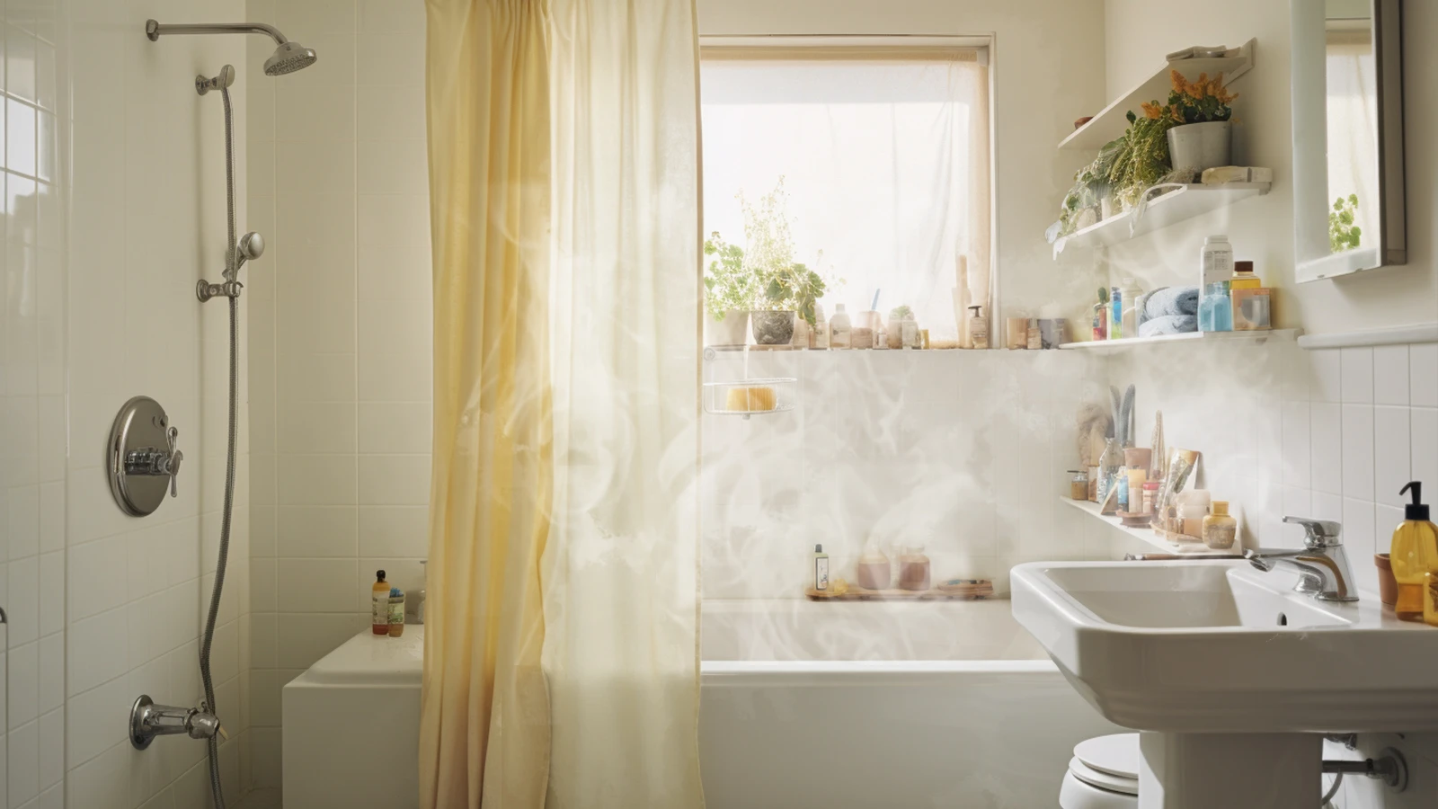 A bathroom with a tub, shower, sink, and tips for how to remove wrinkles from shower curtain without ironing.