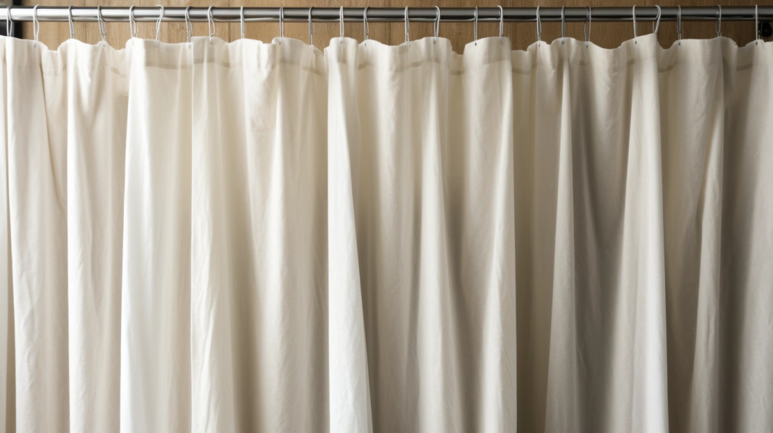 A white shower curtain hanging on a wooden rod, requiring no how to remove wrinkles from shower curtain without ironing.