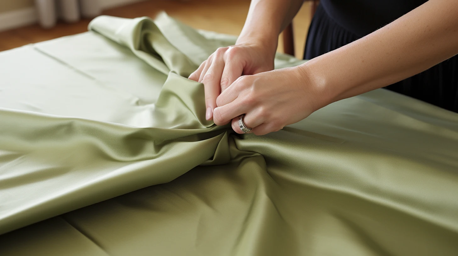 How to turn a curtain into a shower curtain:A woman is putting green fabric on a table.