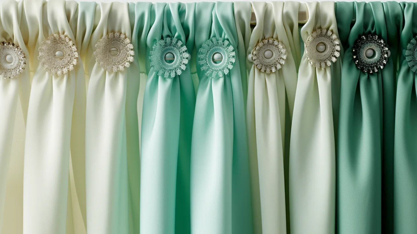 How to turn a curtain into a shower curtain:A close up of green and white curtains with pearls on them.