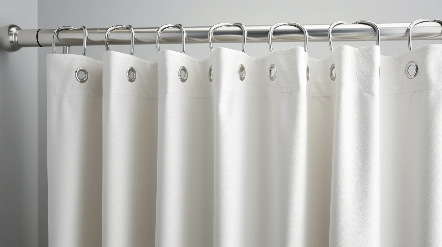 How to turn a curtain into a shower curtain:A white shower curtain hanging on a metal rod.