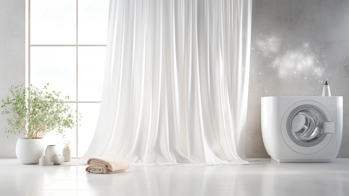 How to turn a curtain into a shower curtain:A white bathroom with a washing machine in front of a window.