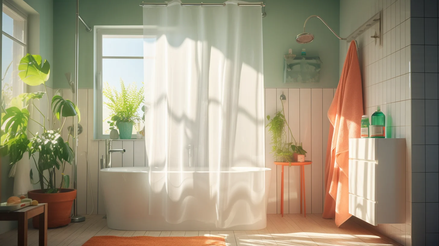 How to turn a curtain into a shower curtain:A bathroom with a bathtub and a window.