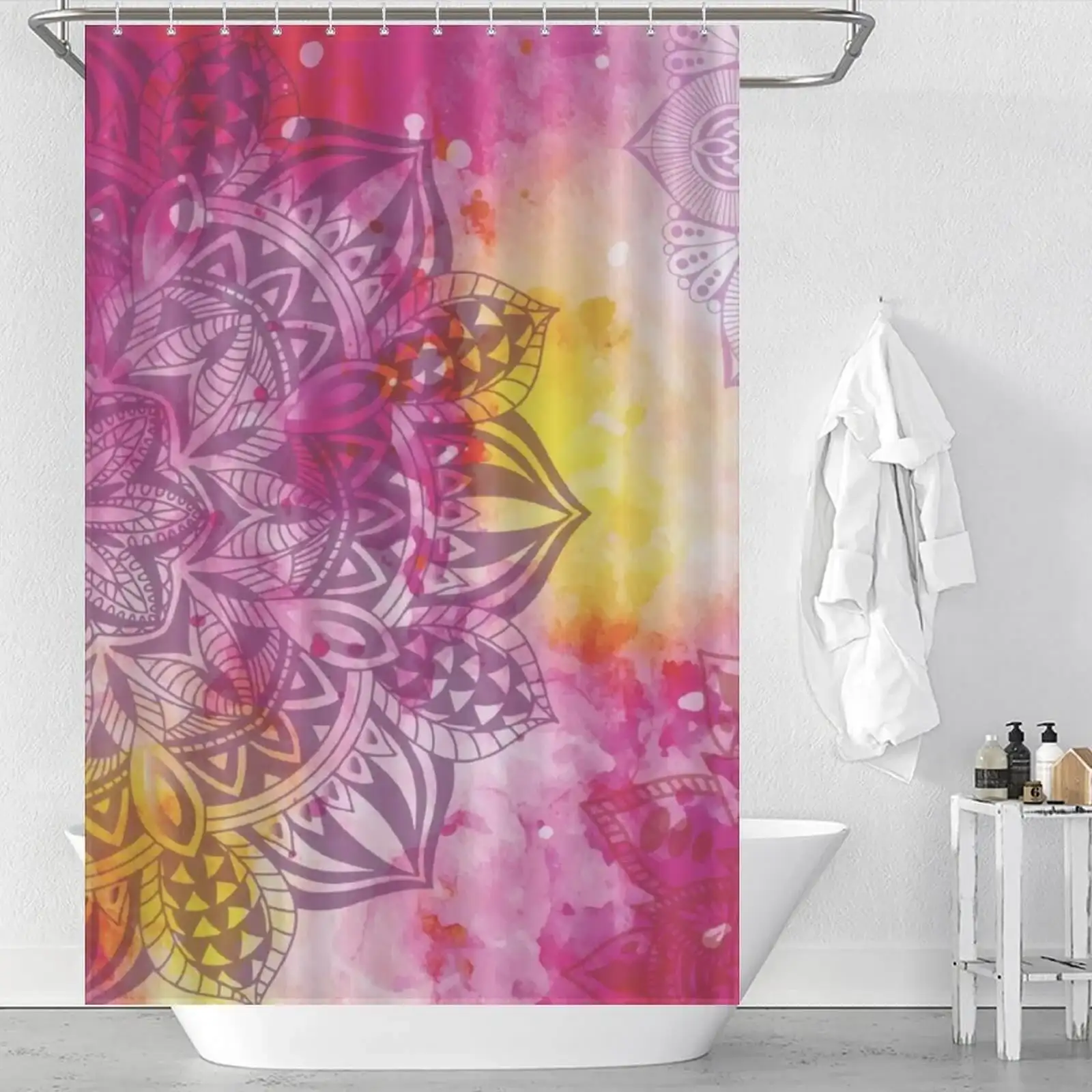 Pink and yellow mandala shower curtain.