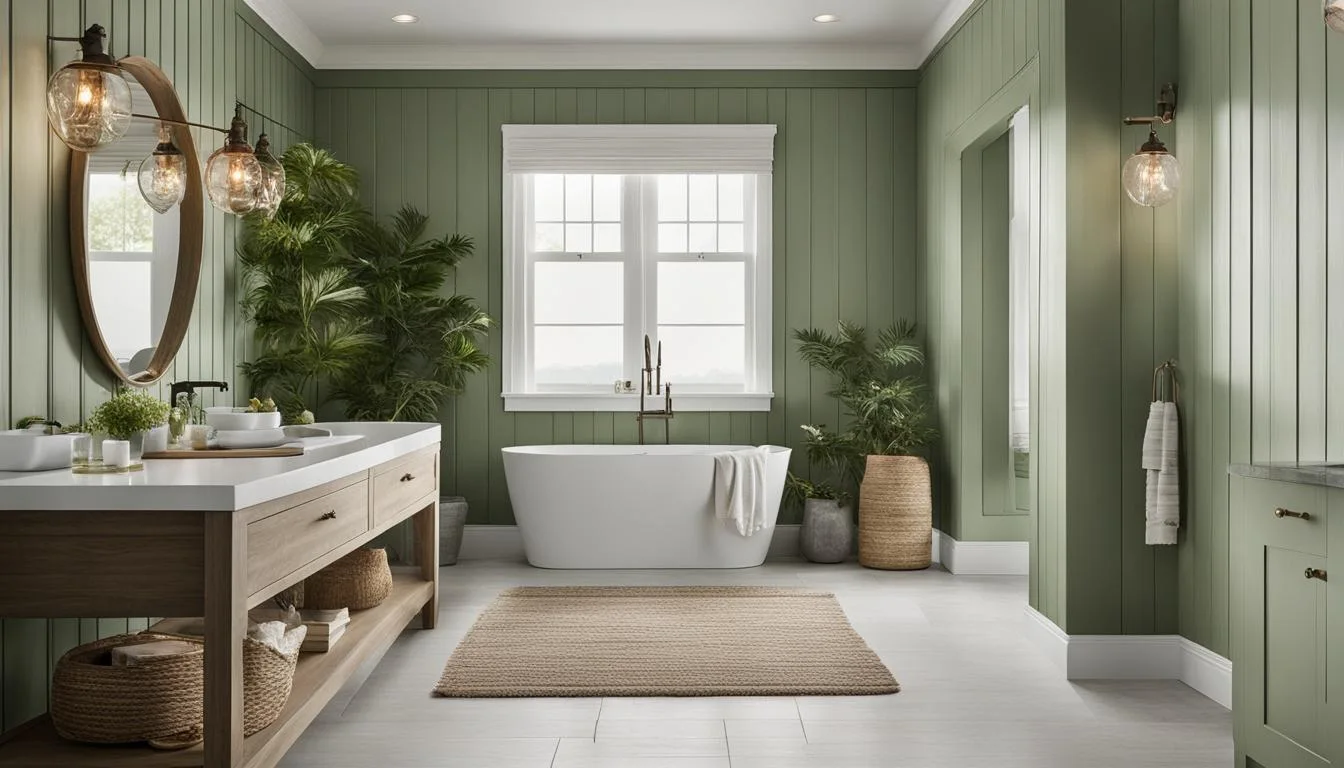 Olive green bathroom decor ideas: A bathroom with green walls and a white tub.