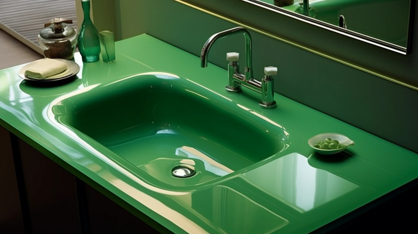Olive green bathroom decor ideas: A green sink with a silver faucet.