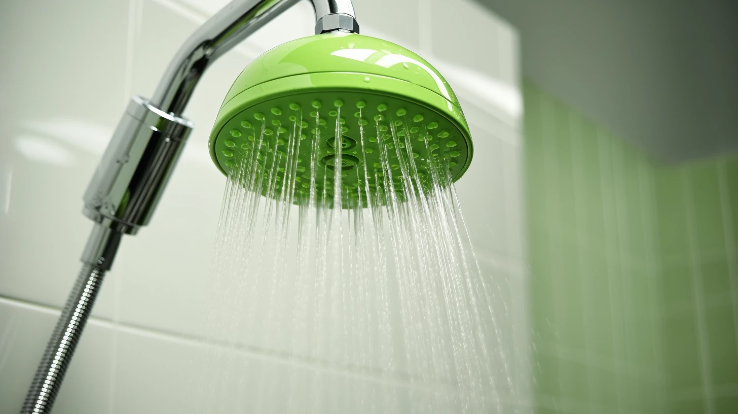 Olive green bathroom decor ideas: A green shower head with water coming out of it.