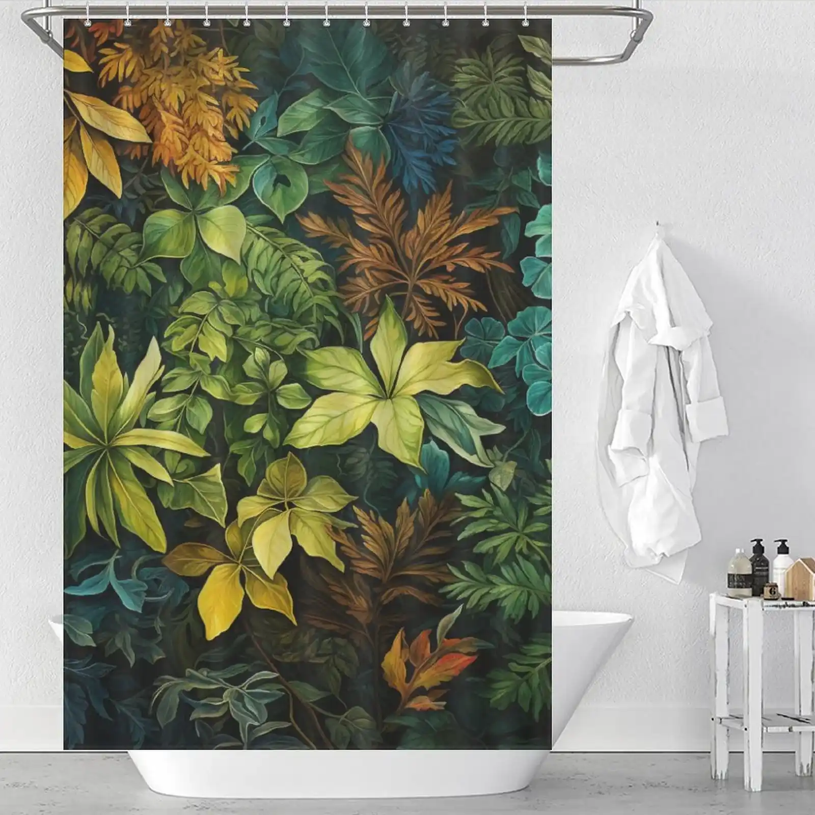 Olive green bathroom decor ideas: A shower curtain with a pattern of leaves.