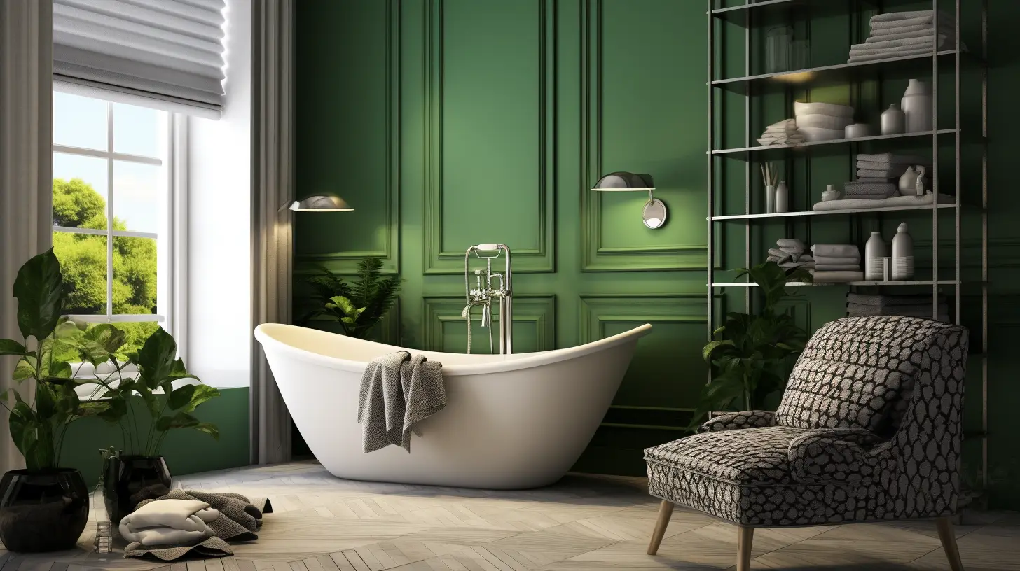 Olive green bathroom decor ideas: A bathroom with green walls and a bathtub.