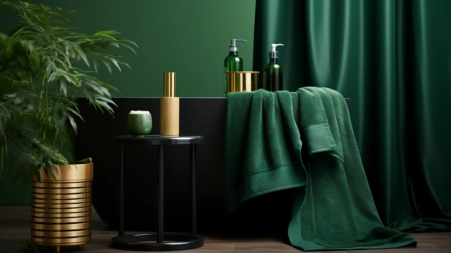 Olive green bathroom decor ideas: A bathroom with green towels and a gold plant.