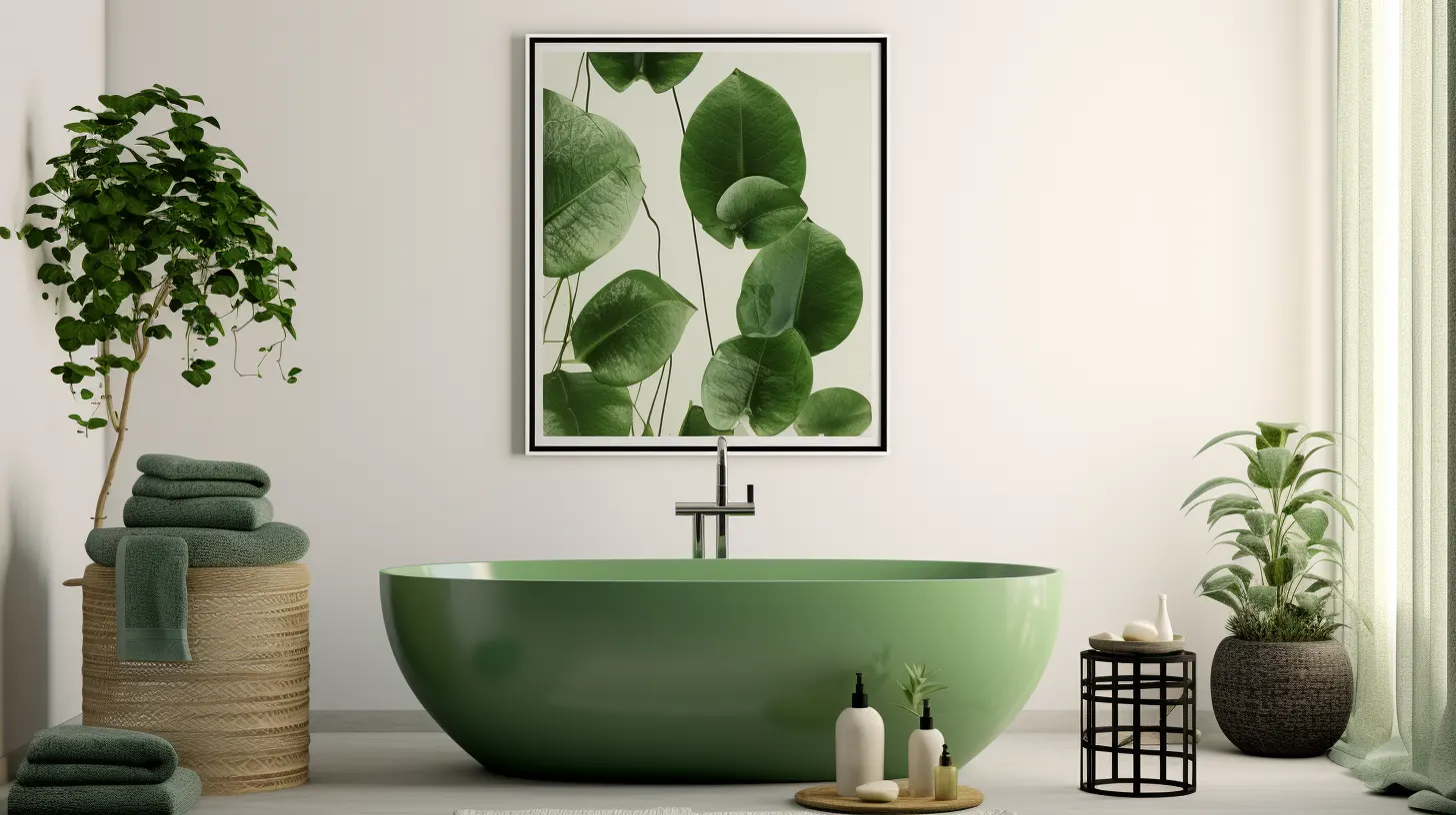 Olive green bathroom decor ideas: A bathroom with a green tub and framed artwork.
