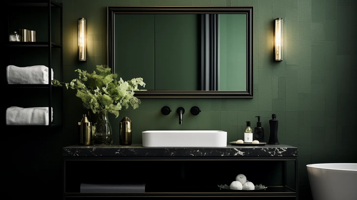 Olive green bathroom decor ideas: A bathroom with a mirror and a sink.