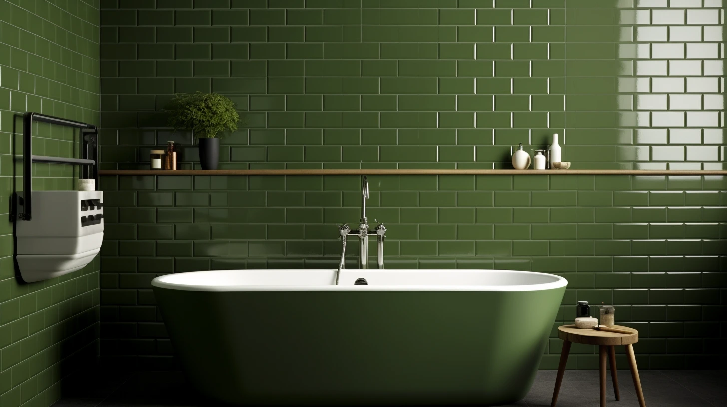 Olive green bathroom decor ideas: A bathroom with green tiles and a bathtub.