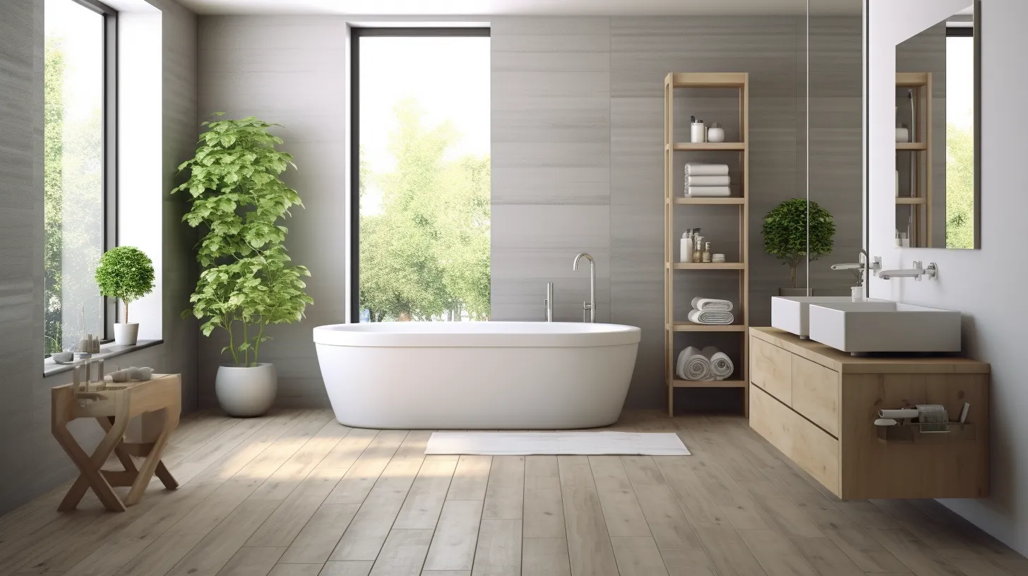 Olive green bathroom decor ideas: A modern bathroom with wooden floors and a bathtub.