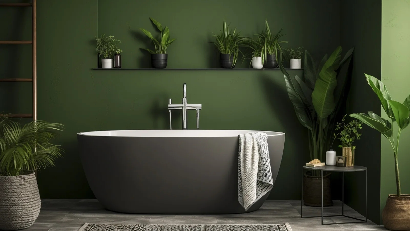Olive green bathroom decor ideas: A bathroom with green walls and plants.