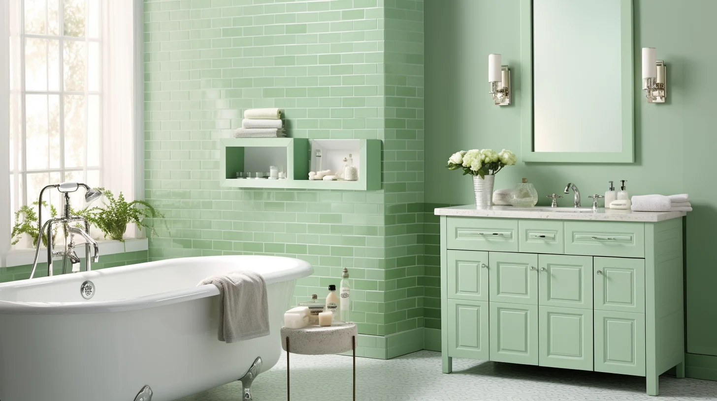 Olive green bathroom decor ideas: A bathroom with a green tiled wall.