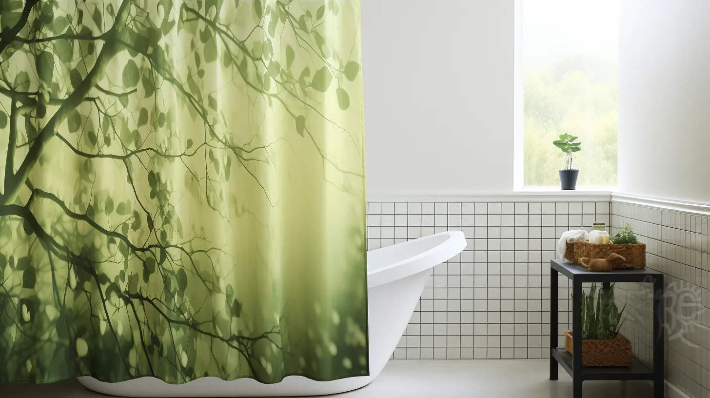 Olive green bathroom decor ideas: A green shower curtain in a bathroom.