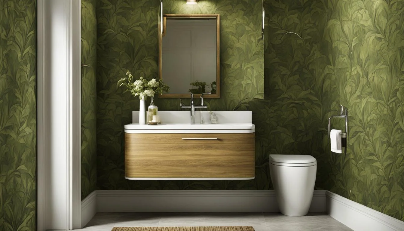 Olive green bathroom decor ideas: A bathroom with green wallpaper and a sink.