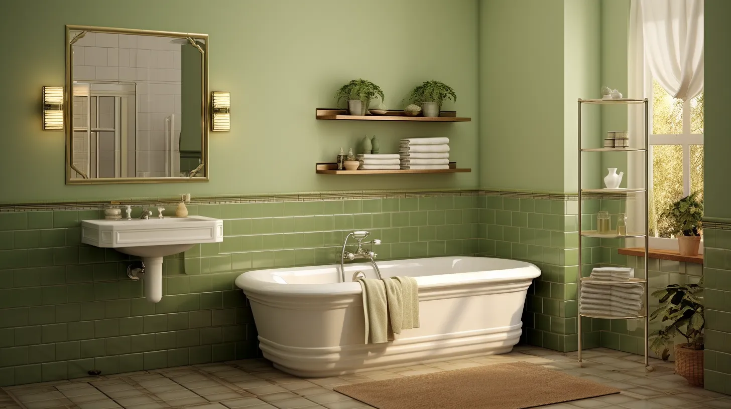 Olive green bathroom decor ideas: A bathroom with a tub and sink.
