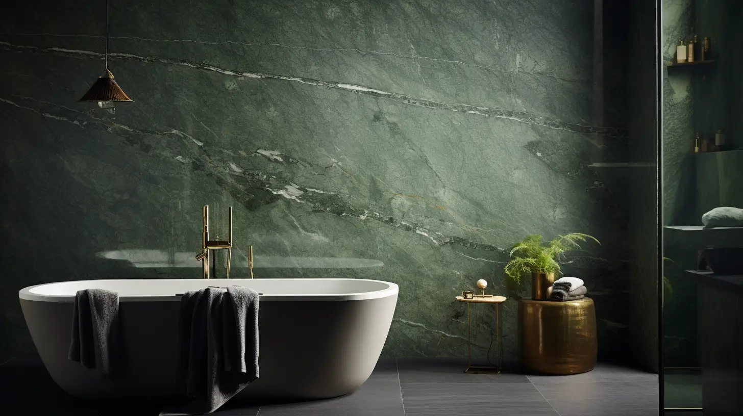 Olive green bathroom decor ideas: A bathroom with a green marble wall.