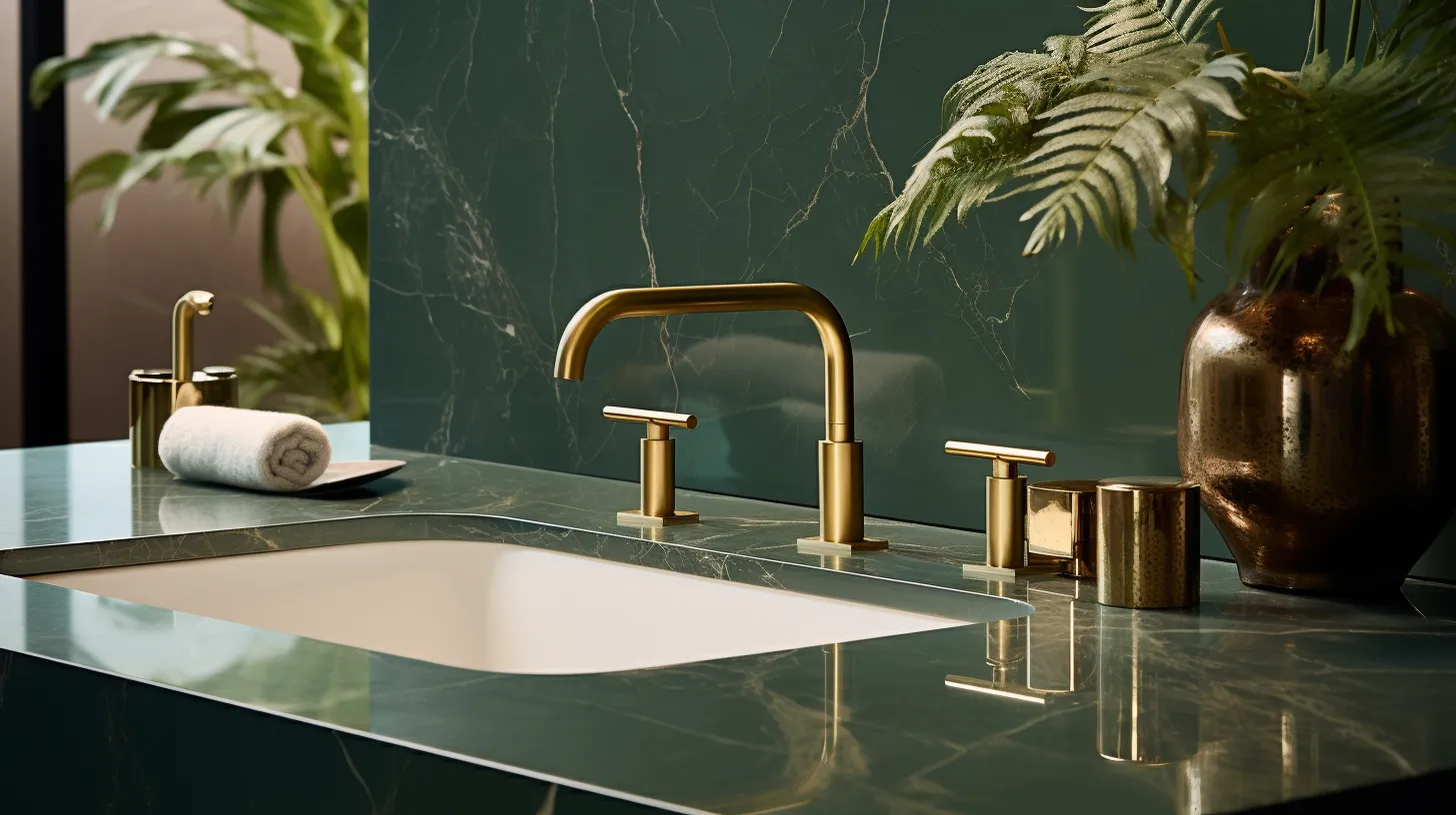 Olive green bathroom decor ideas: A sink with gold faucets and a plant.