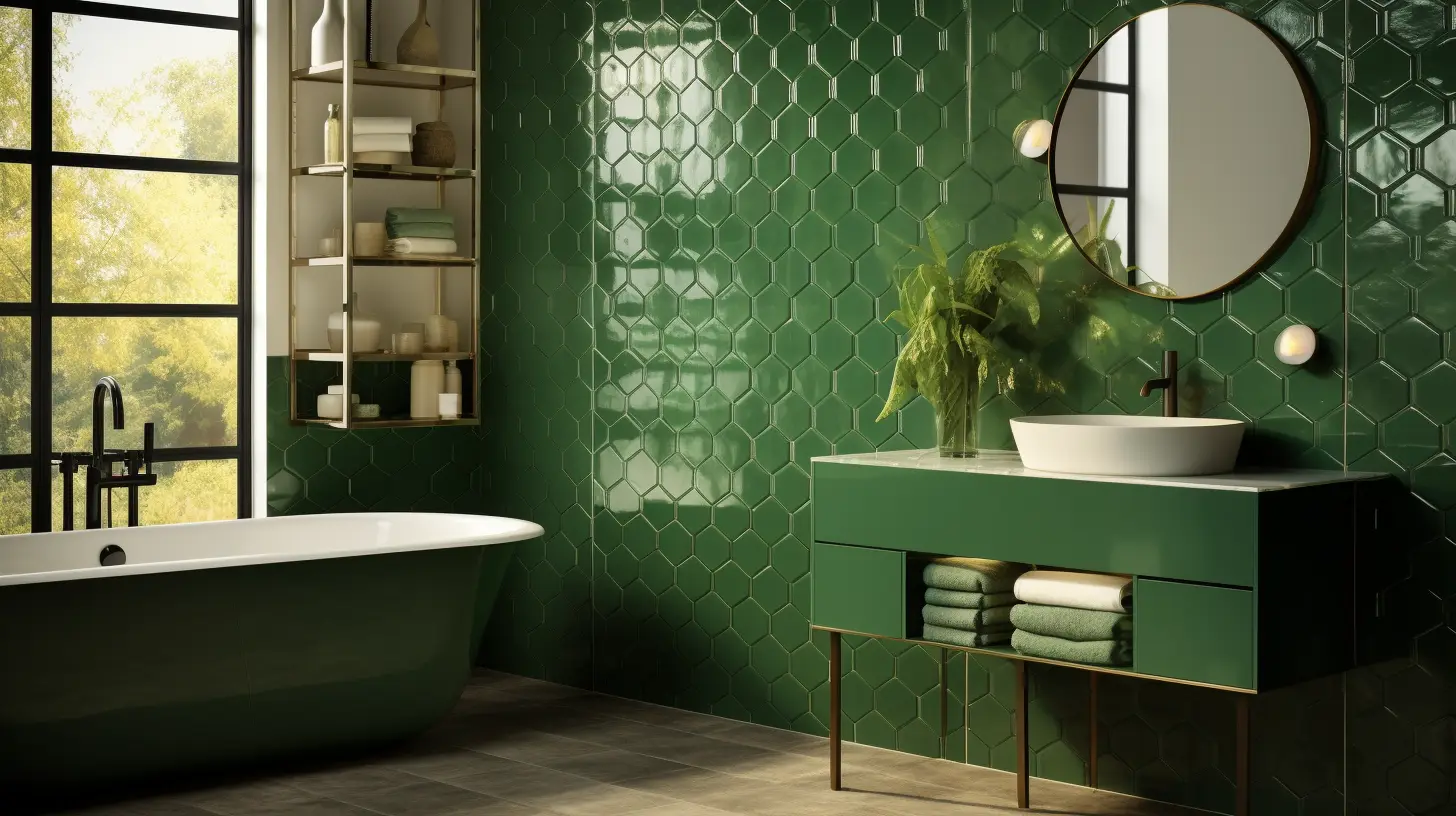 Olive green bathroom decor ideas: A green bathroom with a tub and a mirror.