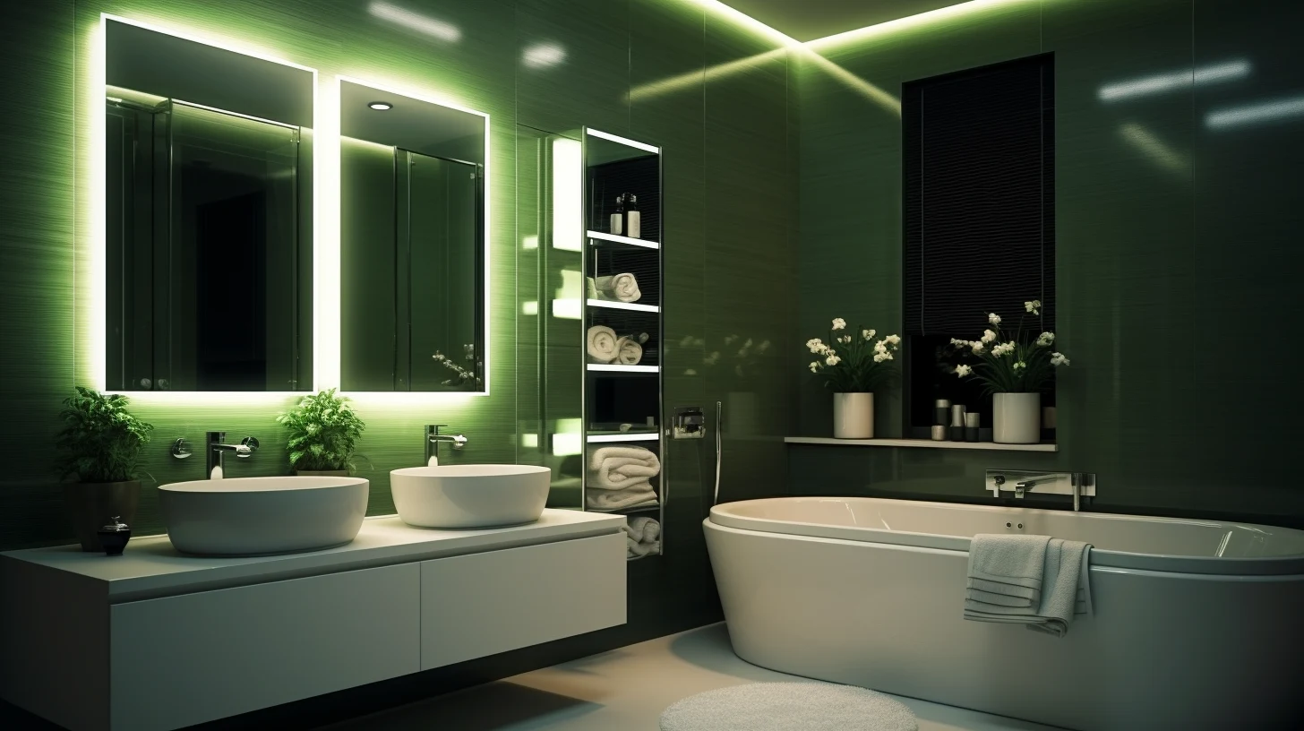 Olive green bathroom decor ideas: A bathroom with green walls and a tub and sinks.
