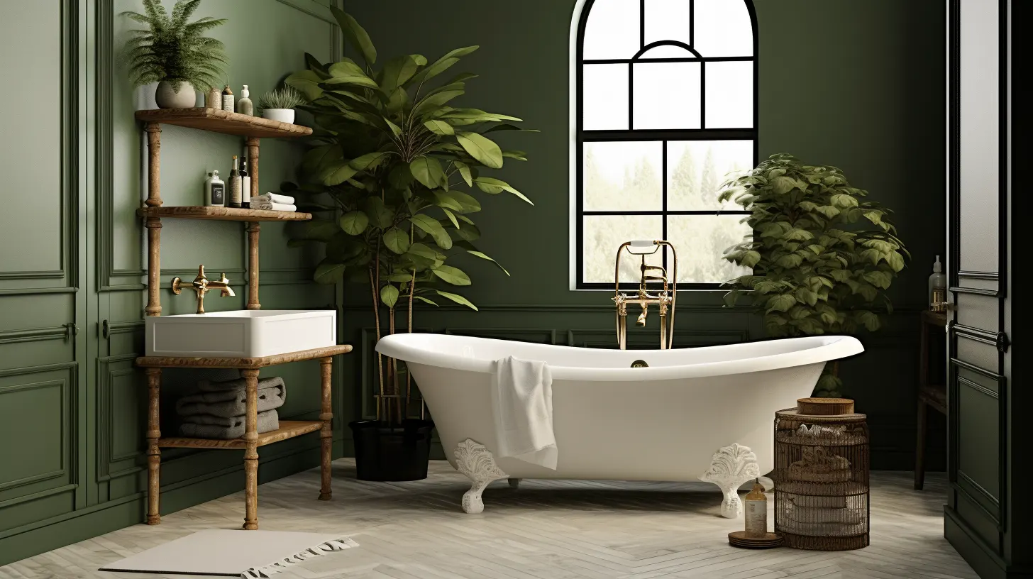 Olive green bathroom decor ideas: A bathroom with a tub and plants.